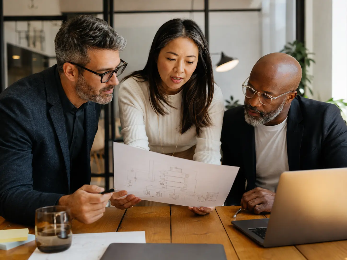 Experienced technology professionals reviewing an architecture plan